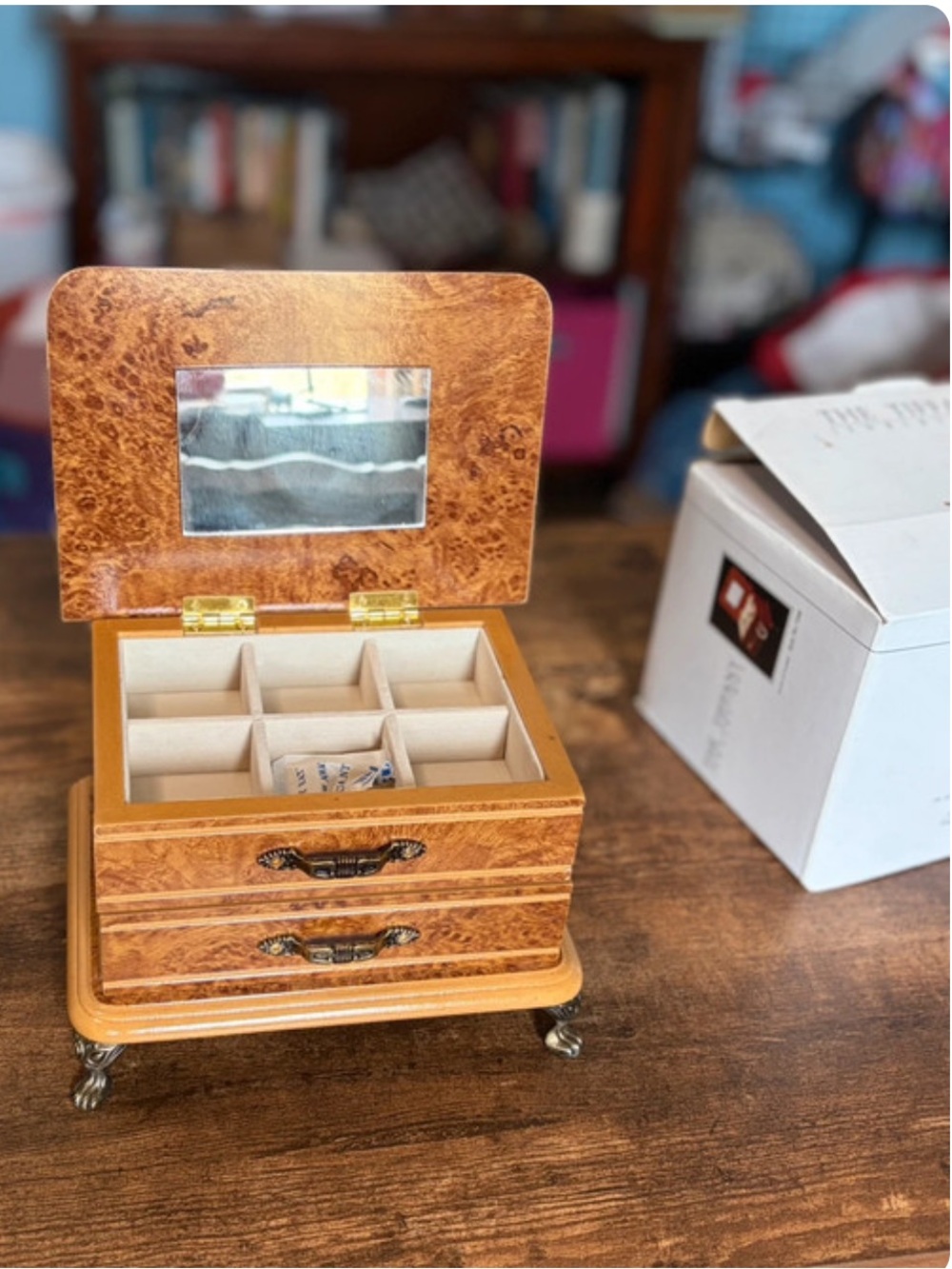 Vintage 90s London Leather Wood Jewelry Box - Burl Wood Finish with Brass Feet